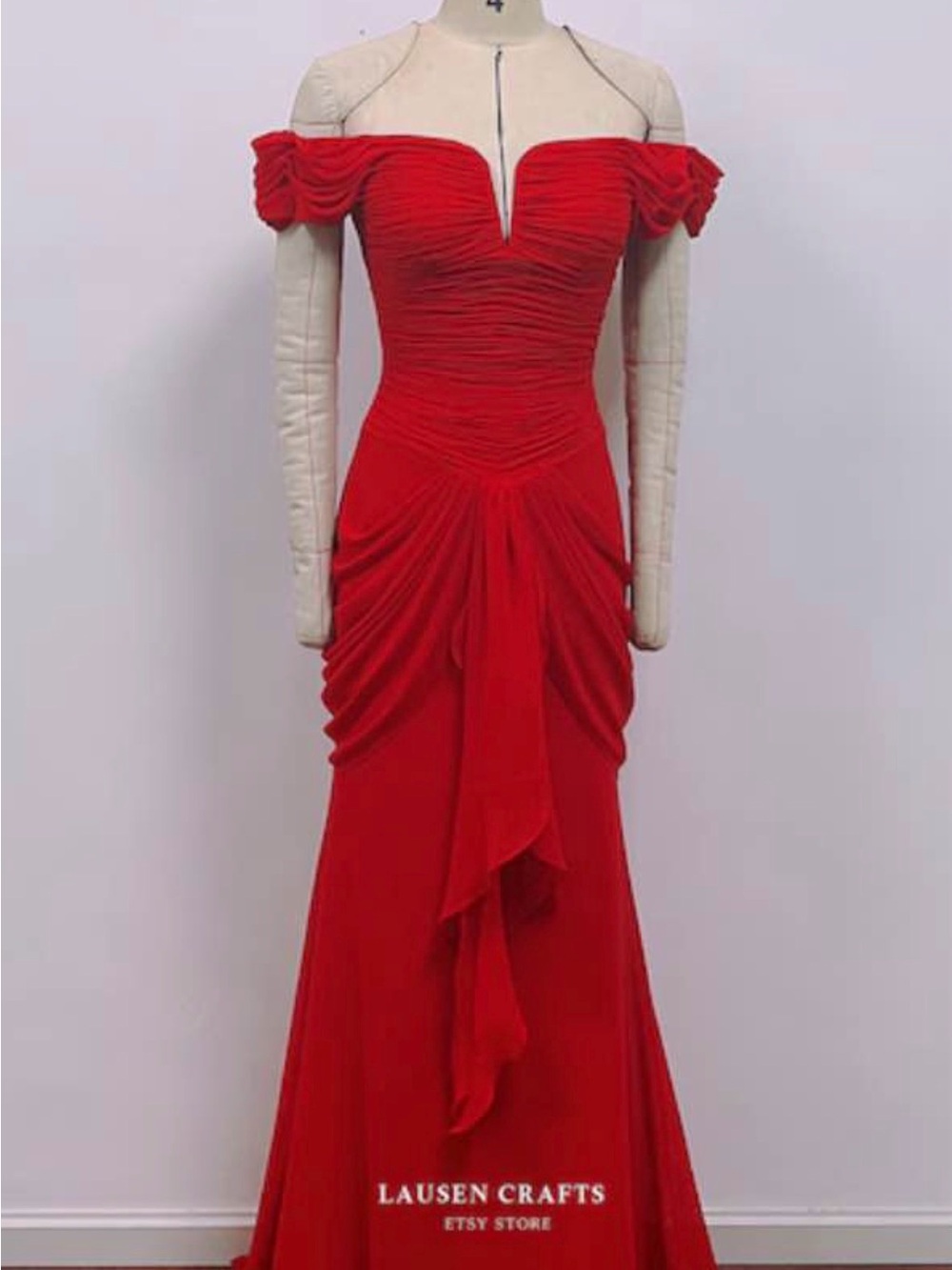 Red Off-Shoulder Ruched Evening Dress